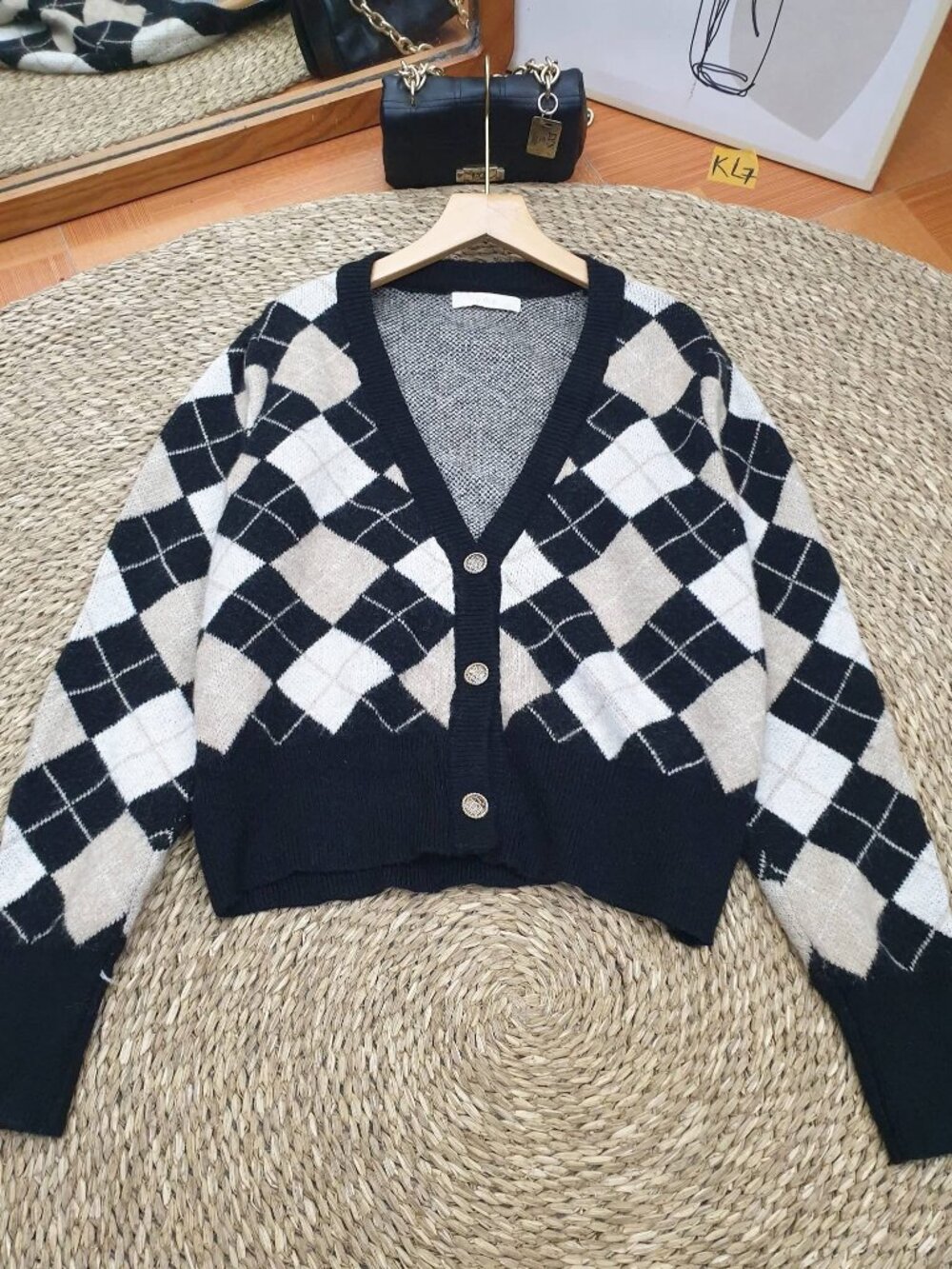 Black White Argyle Knit Cardigan Preppy Vintage Style Sweater